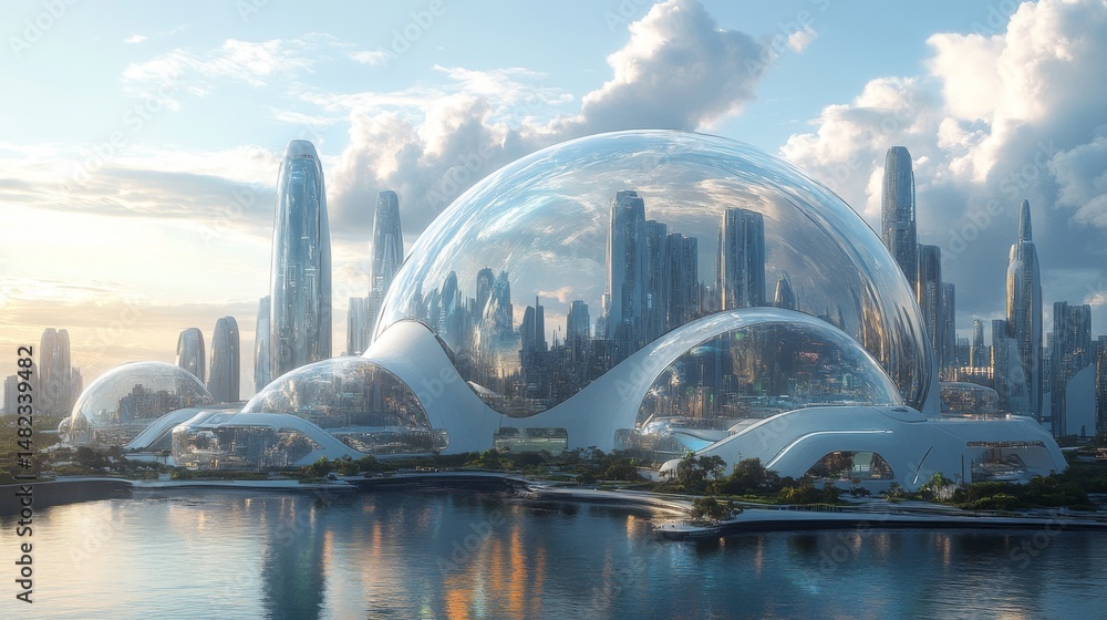 Poster stunning megacity architecture showcases transparent domes designed for optimal air quality and rene