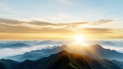 Breathtaking mountain landscape with sunrise illuminating peaks and valleys, creating serene