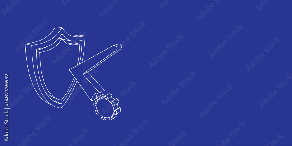 Poster the outline of a large virus bounces off the shield symbol made of white lines on the left. 3d view 
