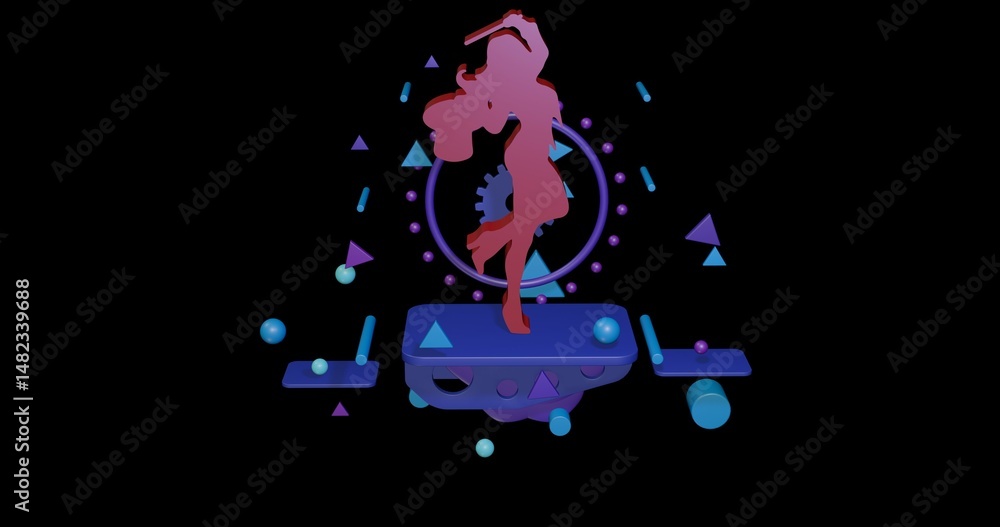 Poster red enchantress symbol on a pedestal of abstract geometric shapes floating in the air. abstract conc