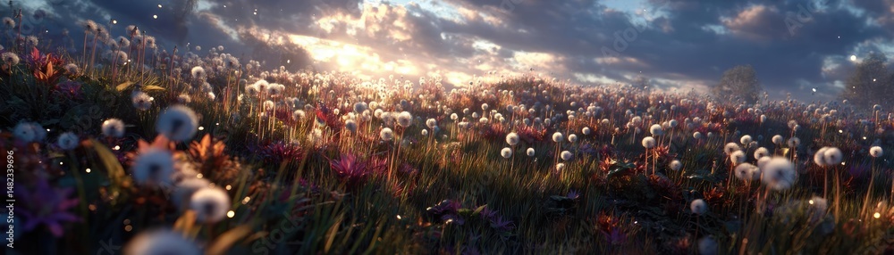 Poster blowing in the wind across field with leaves and dandelion concept. a vibrant field of colorful flow