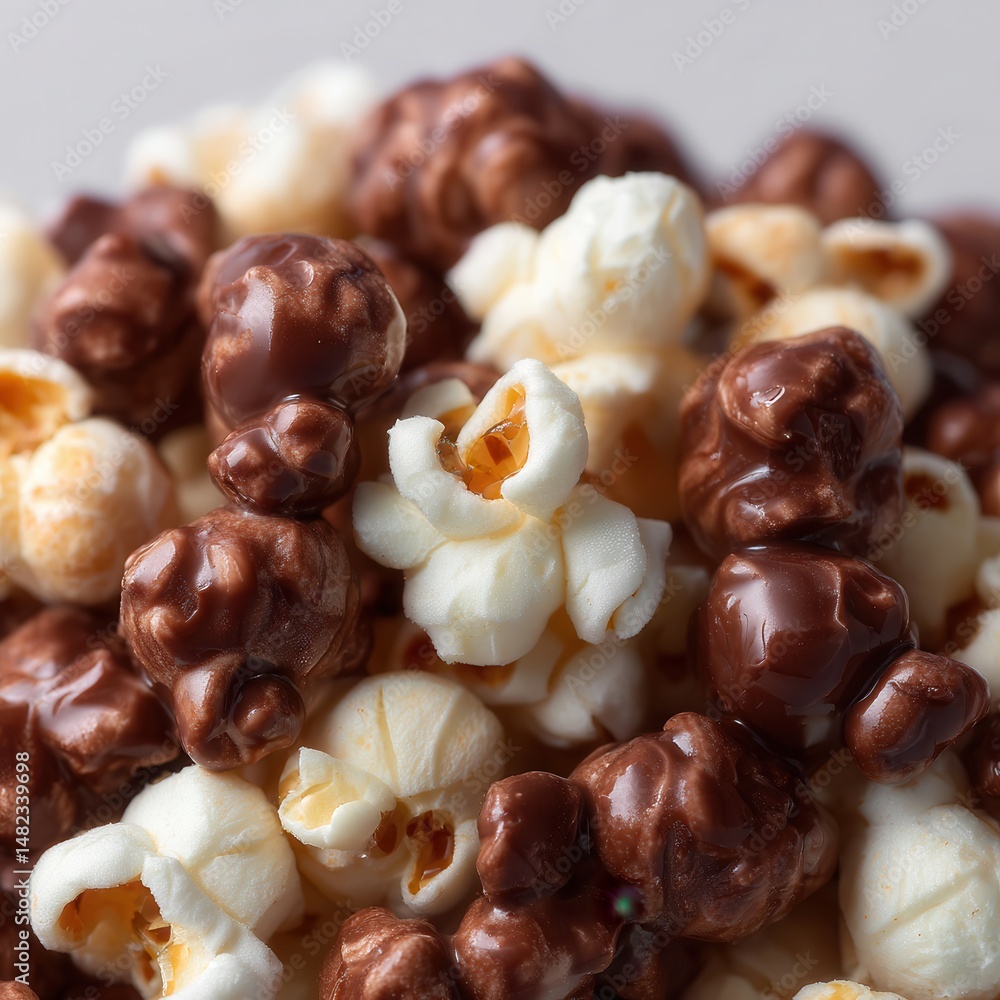 Poster close-up of sweet popcorn, alternating between classic white and chocolate-covered pieces, creating 