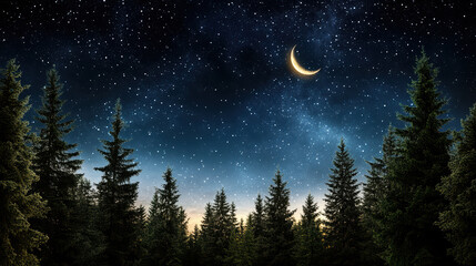 Serene night sky with crescent moon over tranquil pine forest, filled with stars