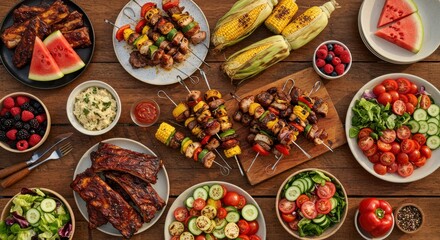 Barbecue spread with ribs, skewers, corn, salad, and watermelon for summer gatherings and outdoor events