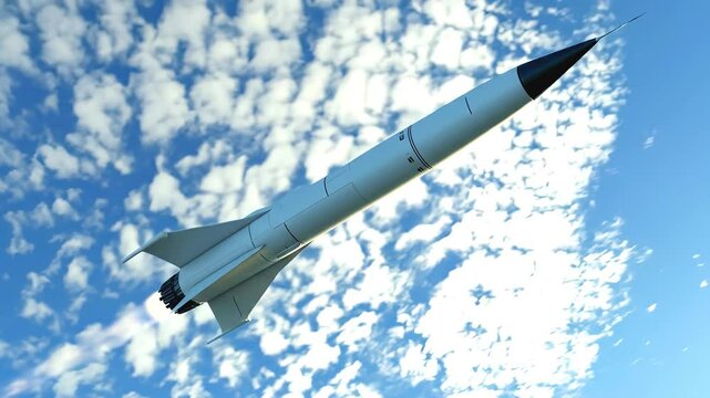 Ballistic Missile Launch: Rocket Ascending Through Clouds, Military Defense Technology, Hypersonic Weapon Flight Test. Geopolitical Power. 4K 3D animation