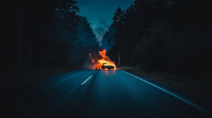 Burning Car Engulfed in Flames, Accident Scene on a Deserted Road at Night, Car Crash