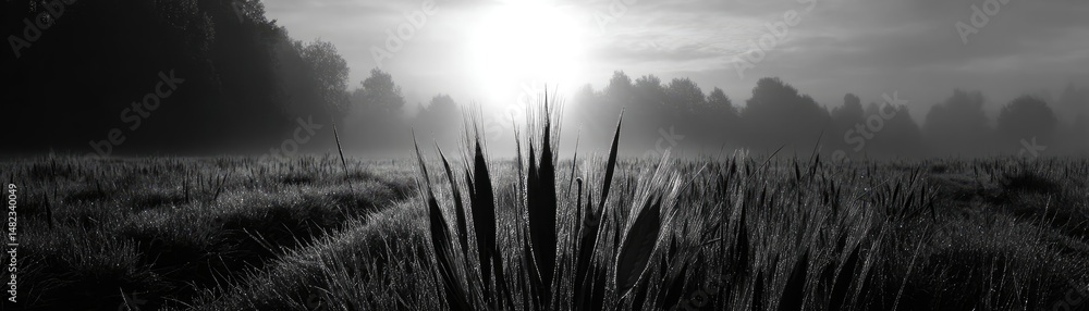 Poster blowing in the wind across field with leaves and dandelion concept. a serene black and white image o
