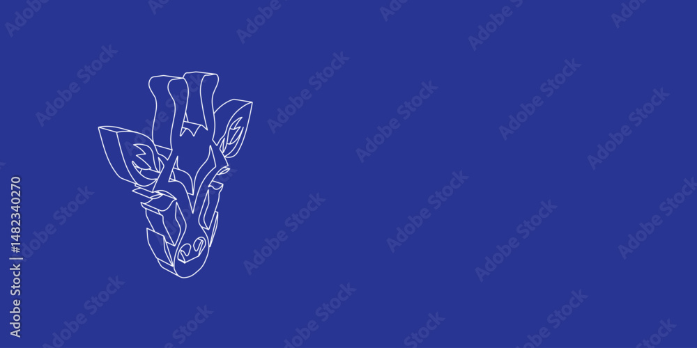 Poster the outline of a large giraffe head symbol made of white lines on the left. 3d view of the object in