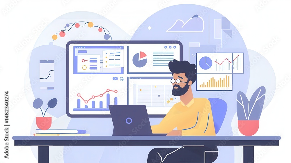 Poster Man working on laptop with multiple data dashboards displayed on a large screen behind him