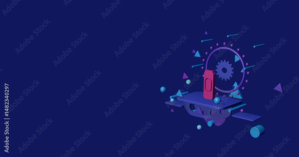 Poster pink beer can symbol on a pedestal of abstract geometric shapes floating in the air. abstract concep