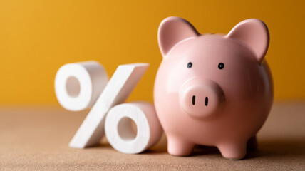 Piggy bank with percent symbol on a yellow background.