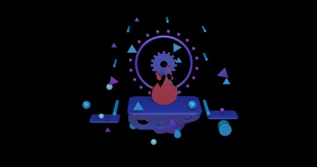 Red fire symbol on a pedestal of abstract geometric shapes floating in the air. Abstract concept art with flying shapes in the center. 3d illustration on black background