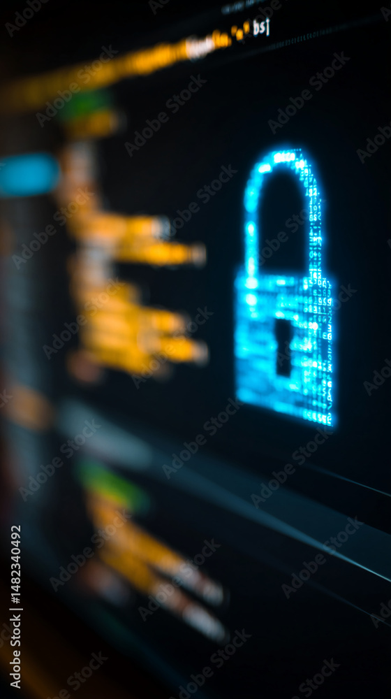 Poster blurred image of a computer screen displaying a glowing blue padlock symbol formed from code, repres