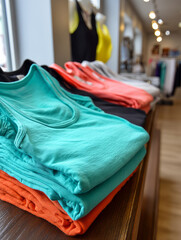 Stacked colorful t-shirts displayed in a bright clothing store.
