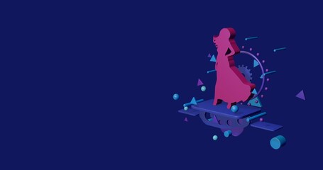 Pink lady symbol on a pedestal of abstract geometric shapes floating in the air. Abstract concept art with flying shapes on the right. 3d illustration on indigo background