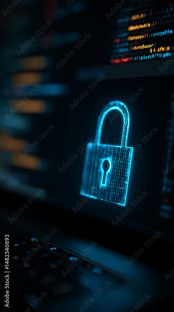Poster glowing blue padlock icon on screen, digital code background, symbolizing online security and data p