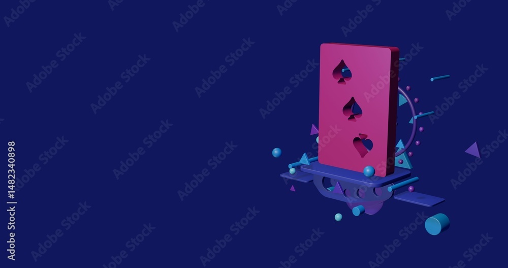 Poster pink three of spades playing card on a pedestal of abstract geometric shapes floating in the air. ab
