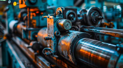 Fototapeta premium Industrial printing press in full operation, showcasing intricate machinery details. Precision and efficiency in modern manufacturing.