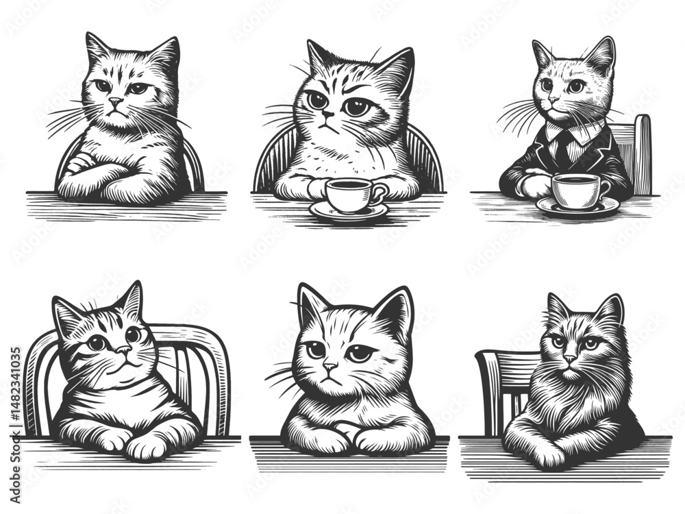 Poster cats sitting at tables, looking relaxed and sipping coffee, with charming and humorous expressions s