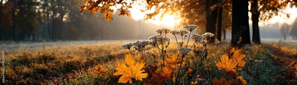 Poster blowing in the wind across field with leaves and dandelion concept. serene autumn landscape with col