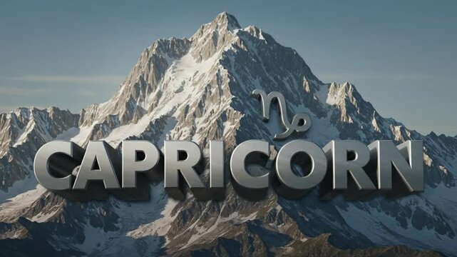 3D steel gray text 'CAPRICORN' with mountain background &mdash; resilient and ambitious.
