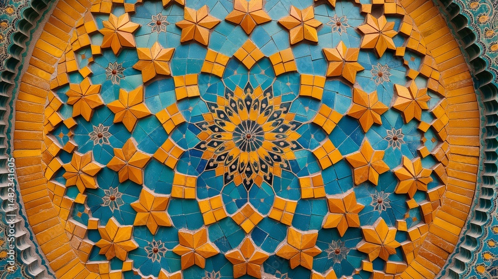 Poster intricate mosaic design featuring vibrant colors and star patterns in an abstract background