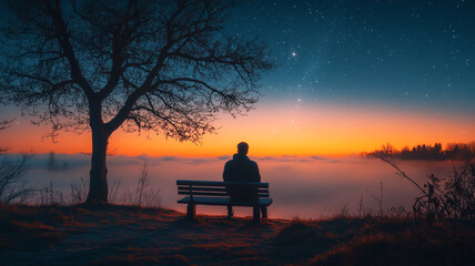 Obraz premium Man sitting on a bench contemplating the stars in a misty night landscape