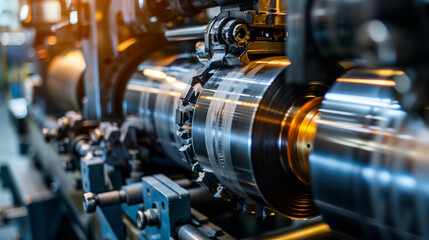 Obraz premium Industrial printing press in full operation, showcasing intricate machinery details. Precision and efficiency in modern manufacturing.
