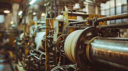 Fototapeta premium Industrial printing press in full operation, showcasing intricate machinery details. Precision and efficiency in modern manufacturing.