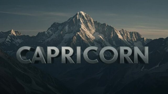 3D steel gray text 'CAPRICORN' with mountain background &mdash; resilient and ambitious.