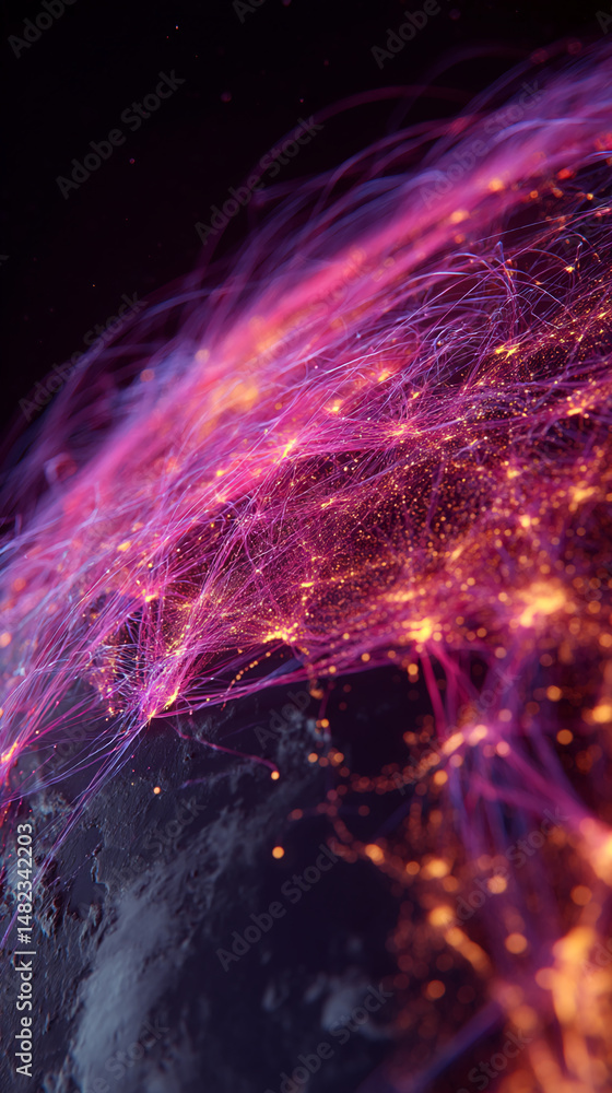Poster abstract image of glowing purple and orange lines forming a network over a dark planet, symbolizing 