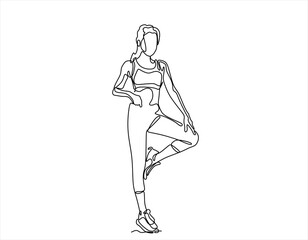 Single continuous line drawing of young sportive woman training pose in sport gymnasium club center. Fitness stretching concept. Trendy one line draw design vector illustration. Editable stroke.	