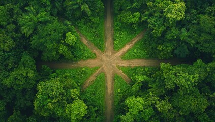 Jungle Crossroads. Aerial view of a crossroads within a lush green forest. Dirt paths radiate outward from a central point