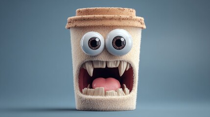 A cartoon coffee cup character with eyes, teeth, and fur stands against a blue background, creating a humorous and slightly frightening image.
