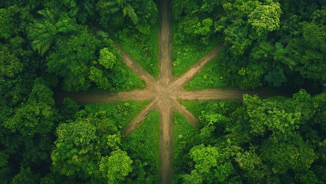 Jungle Crossroads. Aerial view of a crossroads within a lush green forest.  Dirt paths radiate outward from a central point