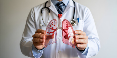 Medical professional showcasing anatomical lung model demonstrating respiratory system health and pulmonary function