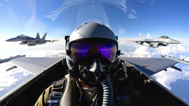 Fighter Jet Pilot POV: Cockpit view, helmet visor reflection, wingman aircraft in formation flying through clouds. Air force, military aviation, adrenaline. 4K video footage