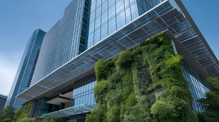 Obraz premium Sleek office building with solar panels and vertical garden in the city