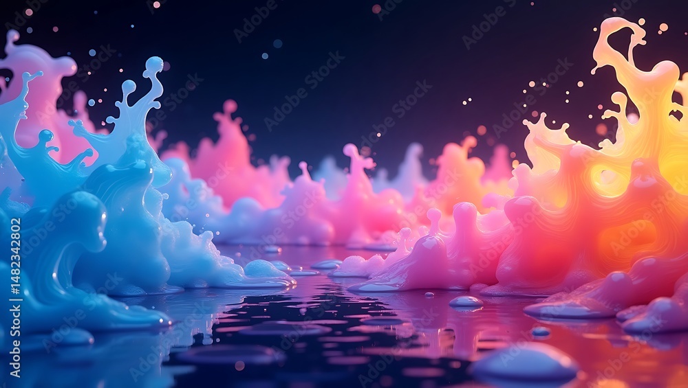 Poster abstract colorful fluid splashes rising with smooth reflections across a surreal ambient landscape