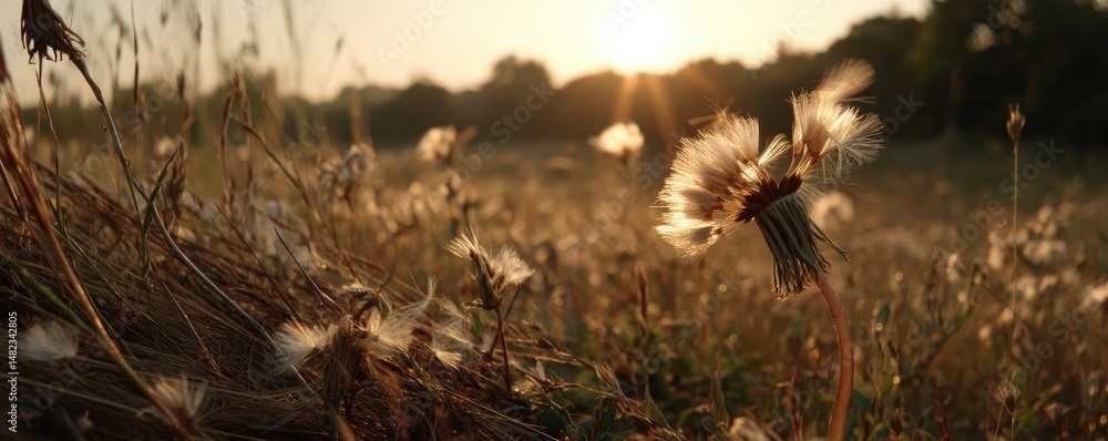 Poster blowing in the wind across field with leaves and dandelion concept. a serene field with dandelions i