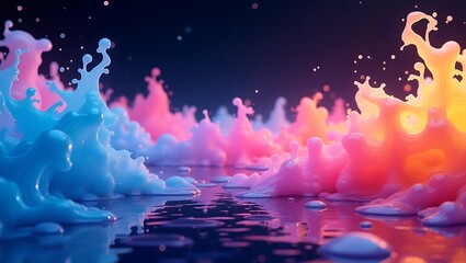 Obraz premium Abstract colorful fluid splashes rising with smooth reflections across a surreal ambient landscape