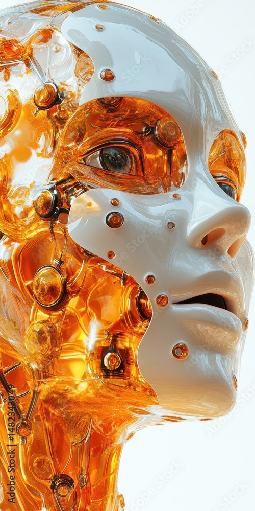 Poster robotic head profile with transparent body showing intricate mechanical components