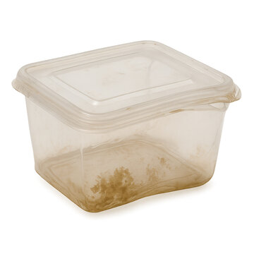 Dirty plastic food container with lid, stained and used, isolated on transparency background, showing wear and residue inside