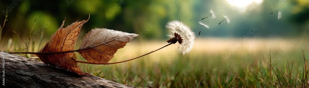 Poster blowing in the wind across field with leaves and dandelion concept. a serene scene of a dandelion se