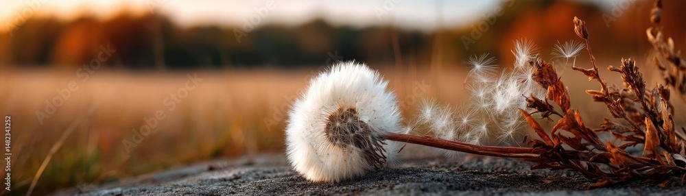 Poster blowing in the wind across field with leaves and dandelion concept. a delicate dandelion puff restin