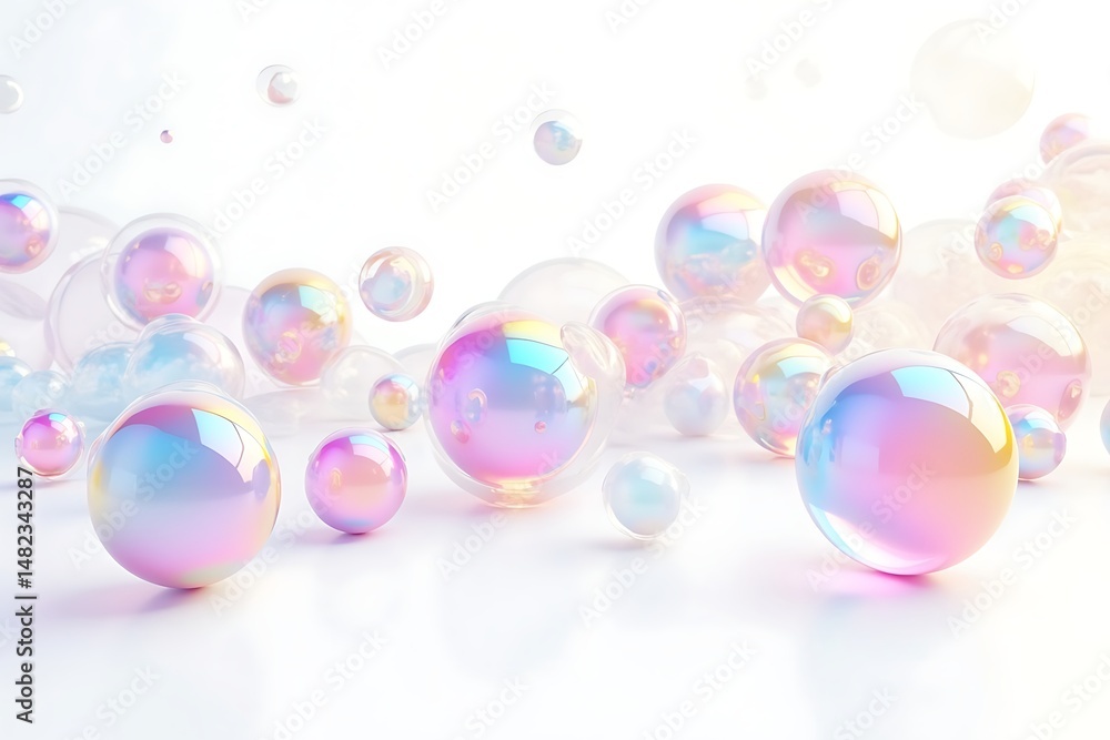 Poster iridescent bubbles of various sizes floating against a white background creating a playful and dream