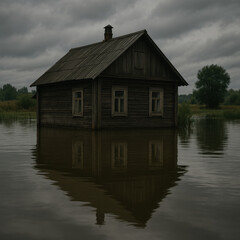 Fototapeta premium Old wooden house flooded with water under dark cloudy sky, reflecting in calm water, creating moody and eerie atmosphere