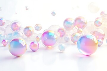 Iridescent bubbles of various sizes floating against a white background creating a playful and dreamy aesthetic