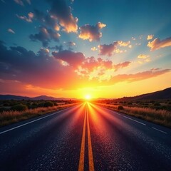 Naklejka premium Empty highway stretches towards vibrant sunrise New beginning , beginning, optimism