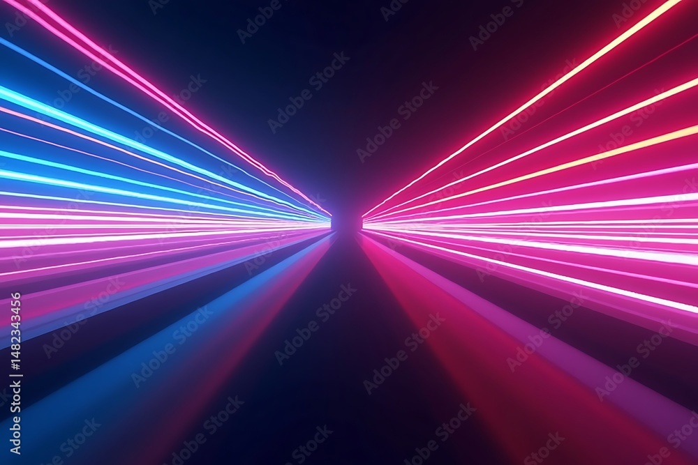 Aufkleber abstract 3d rendering of a futuristic tunnel with colorful neon light beams converging towards a cen